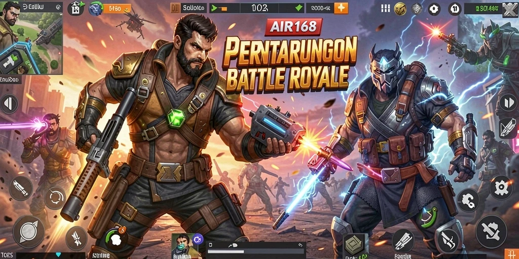 Tangkapan layar utama AIR168 menampilkan aksi pertarungan Battle Royale yang mendebarkan.