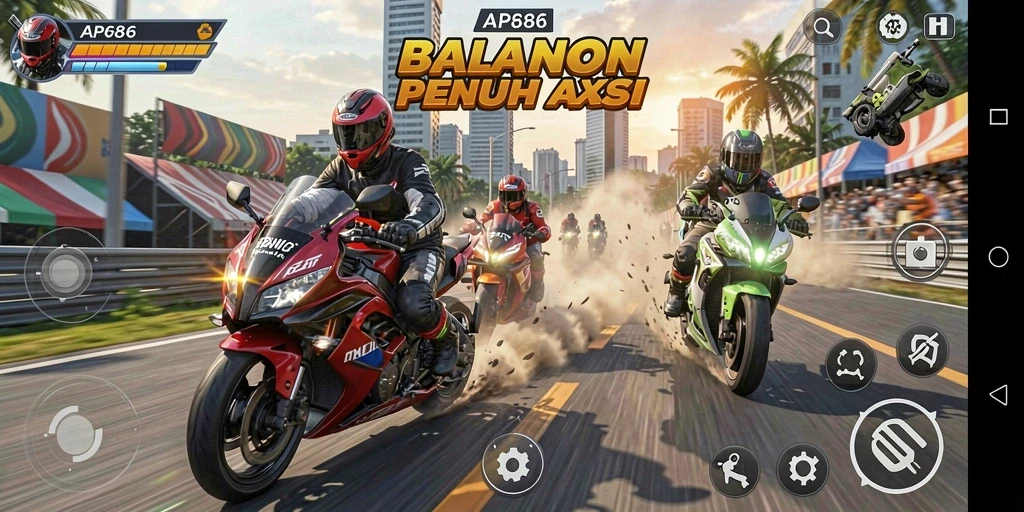 Tampilan gameplay seru dengan aksi balapan motor cepat.