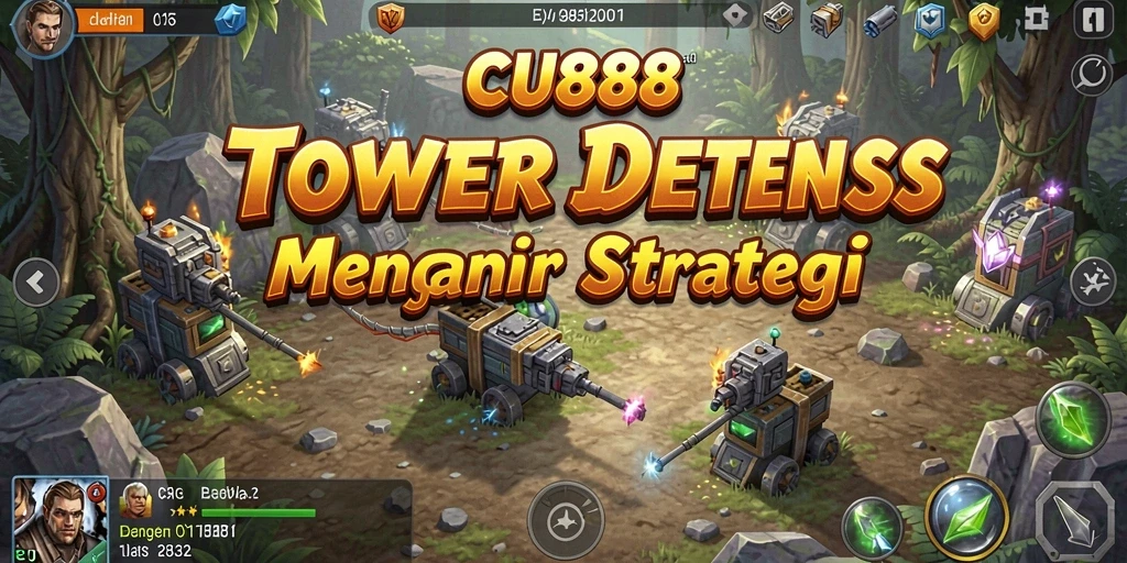 Screenshot CU888 menampilkan serangan musuh dan tower pertahanan yang strategis.