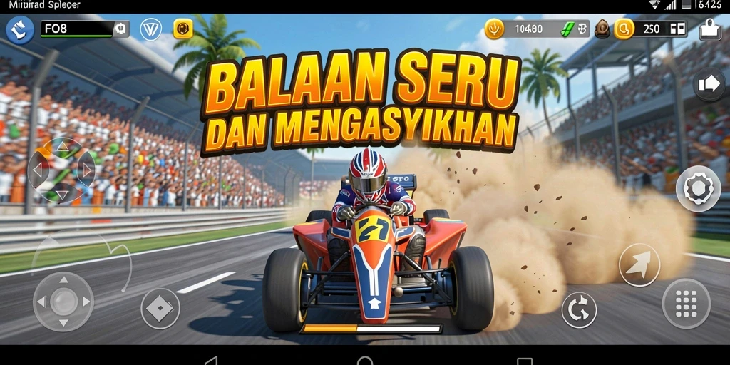 Screenshot utama FO8 menampilkan aksi balapan yang seru dan mendebarkan.