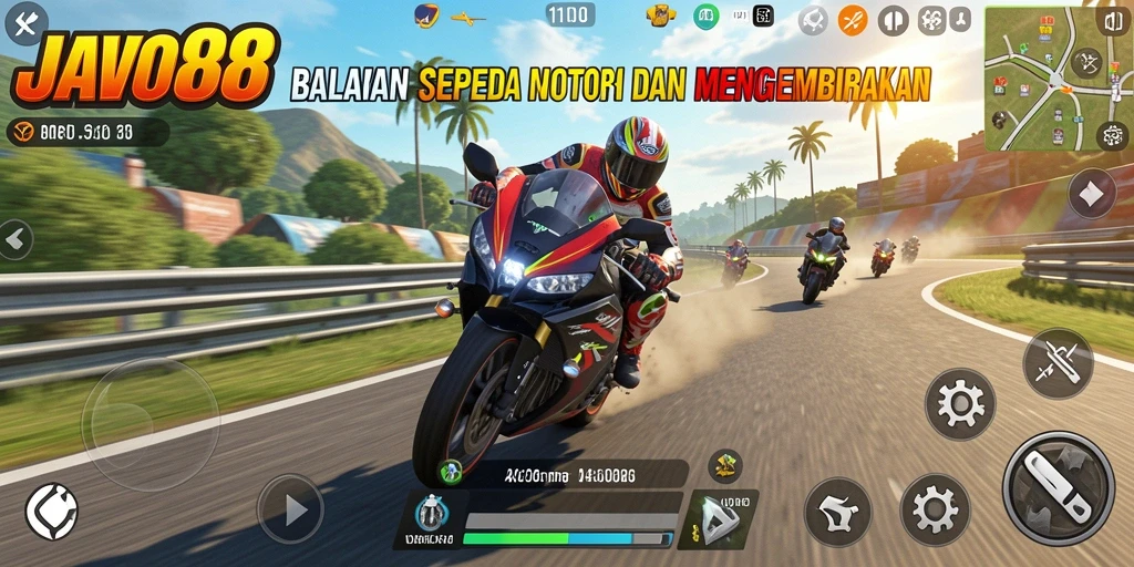 Gameplay mendebarkan di JAVO88 dengan balapan motor yang seru.