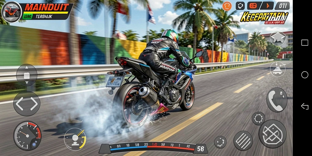 Tampilan utama gameplay MAINDUIT yang menampilkan aksi balap motor.