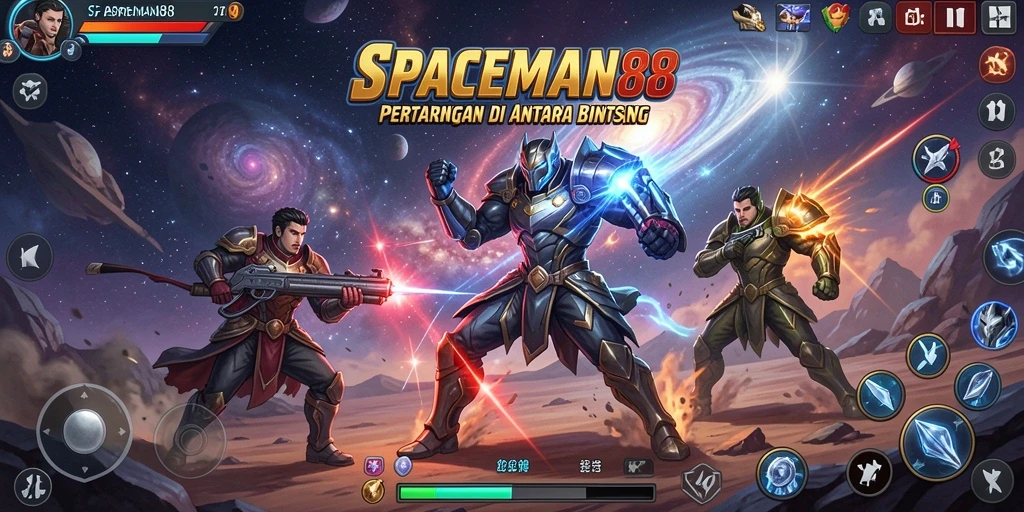 Screenshot gameplay <strong>SPACEMAN88</strong> menunjukkan aksi pertarungan yang seru di luar angkasa.