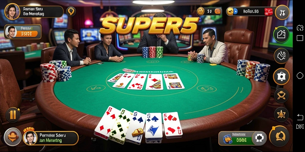 Screenshot gameplay SUPER5 yang menunjukkan aksi Poker seru.