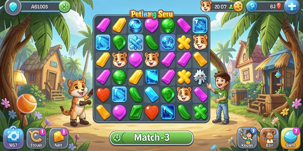 Screenshot W67 menampilkan gameplay adiktif Match-3 yang penuh warna.